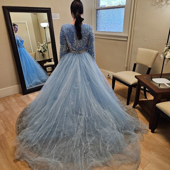 Size 10 light blue long sleeve soft sequin glitter tulle ballgown by Ava Presley - Picture 7 of 13